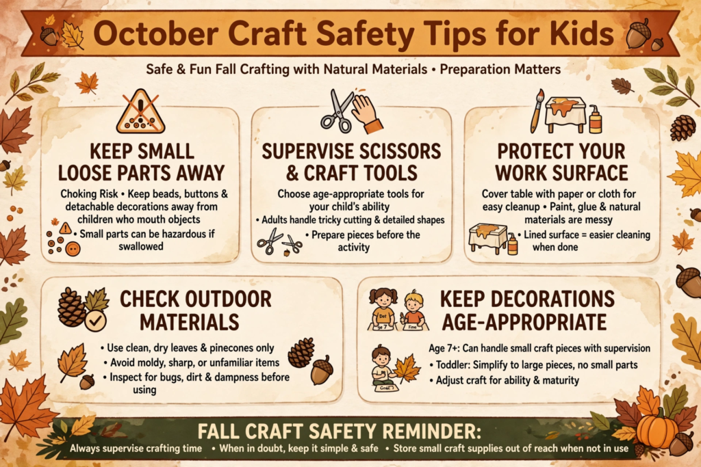 Safety guidelines infographic for autumn art projects, an essential guide for October crafts for kids.   