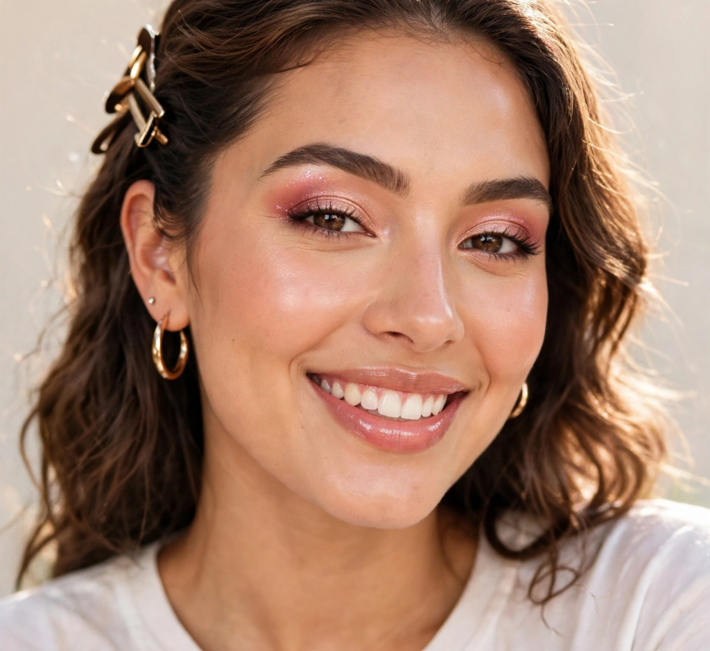 Fresh-faced woman smiling with dewy skin and shimmer pink eyeshadow for daily makeup looks ideas.