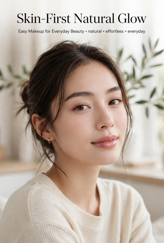 Natural skin-first look with luminous glass skin, soft brows, and glossy pink lips for everyday makeup looks ideas.   