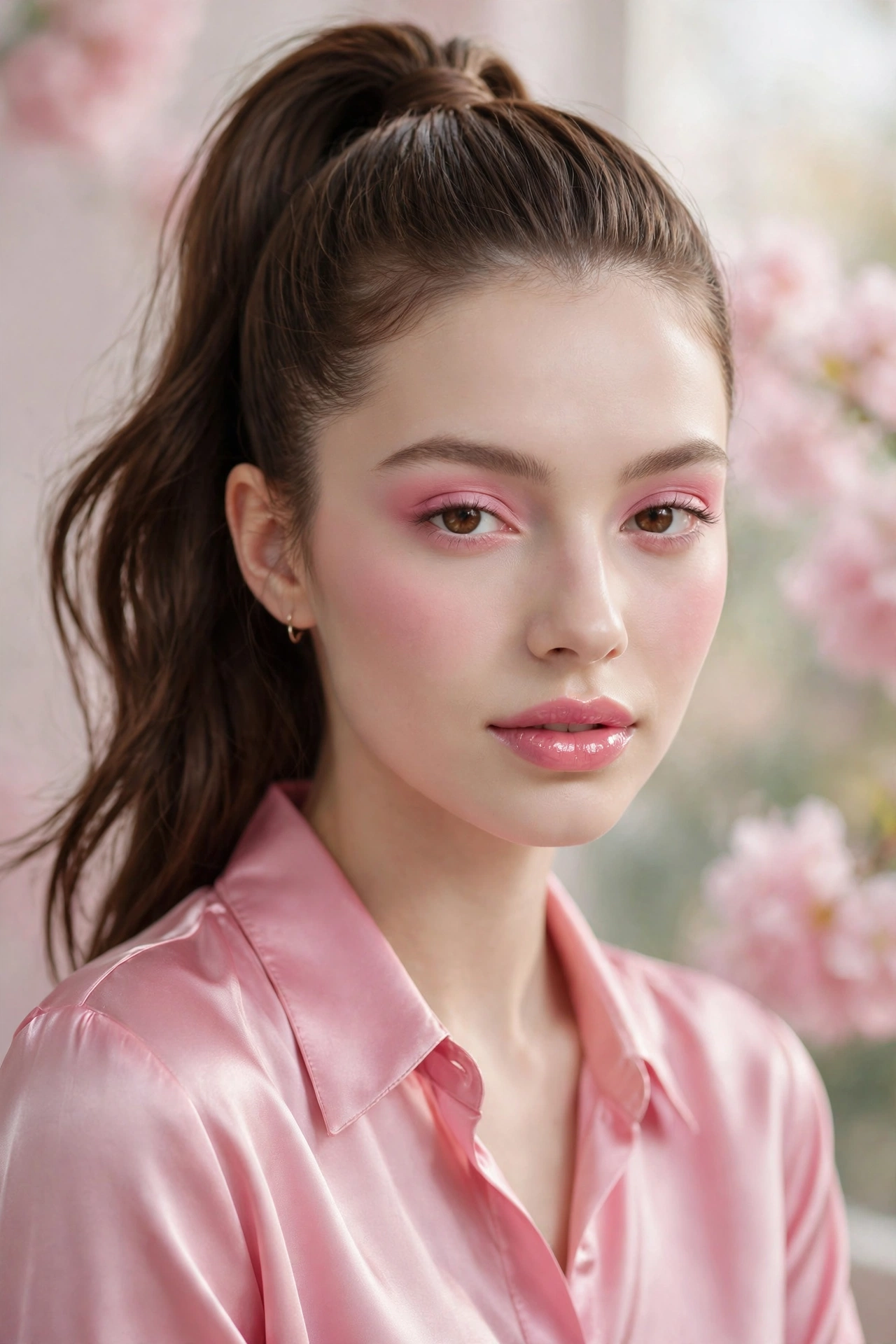Monochromatic soft pink makeup with matching eyeshadow, blushed cheeks, and glossy lips for fresh makeup looks ideas.
