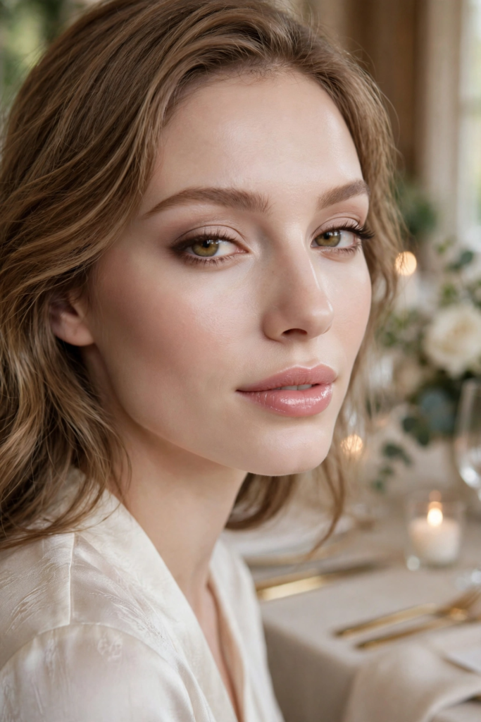 Elegant soft glam bridal makeup with neutral smoky eyes, luminous skin, and satin-gloss nude lips for timeless makeup looks ideas.   