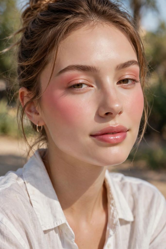 Sunlit woman wearing luminous coral-pink blush and glossy tint for summer makeup looks ideas.   