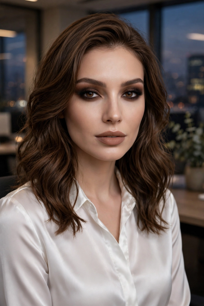 Sophisticated corporate soft glam with chocolate brown smoky eyes and matte nude lipstick for evening makeup looks ideas.   
