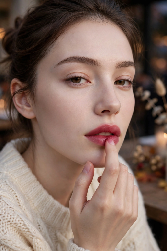 Natural matte porcelain skin paired with a soft blurred berry lip for cozy fall makeup looks ideas.   