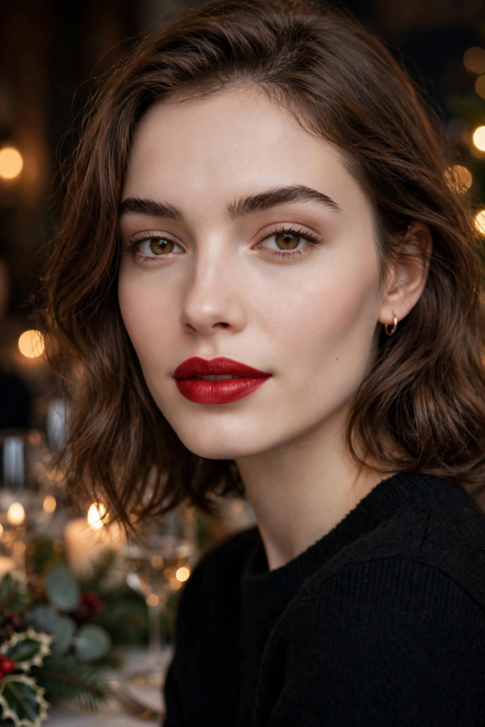 Classic holiday glam with statement bold red lips, brushed-up brows, and minimal eye makeup for festive makeup looks ideas.   