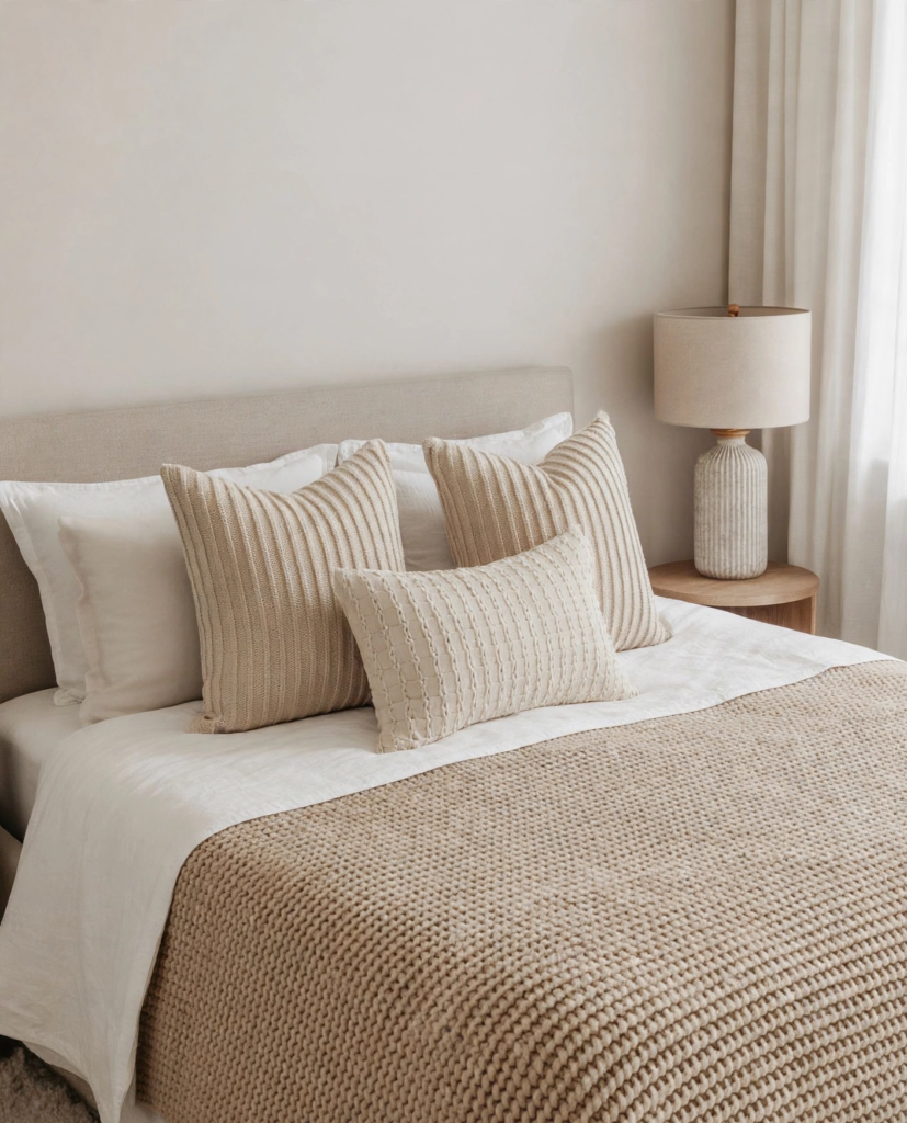 Minimalist neutral bedroom design ideas featuring a warm beige knitted blanket, textured ribbed throw pillows, and a ceramic bedside lamp.   