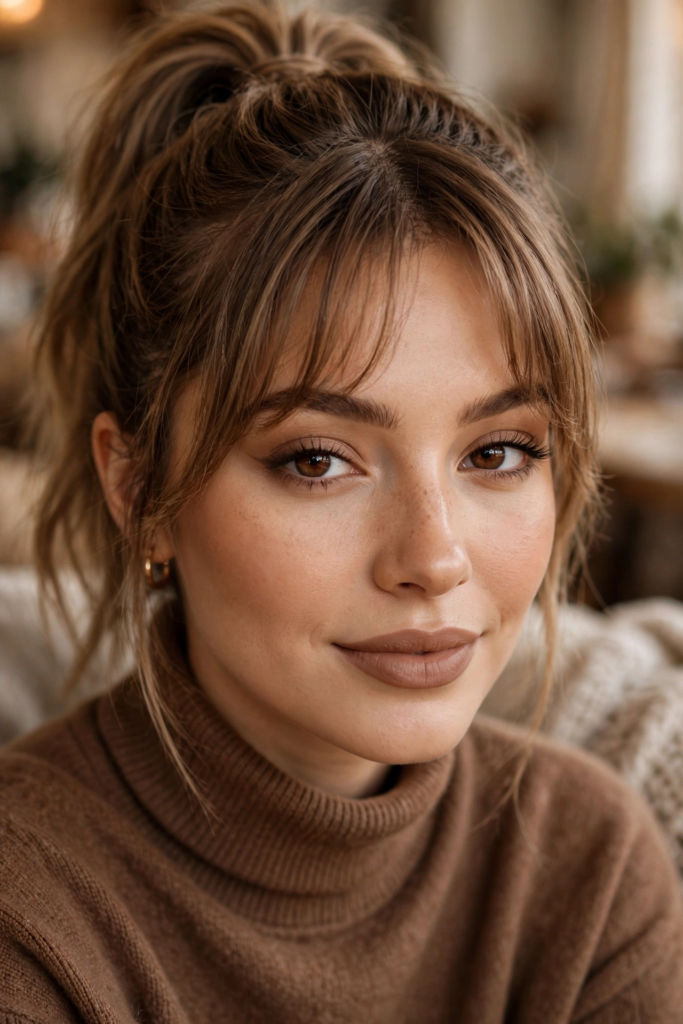 Warm latte makeup look with subtle winged liner, soft faux freckles, and matte nude lips for everyday makeup looks ideas.   