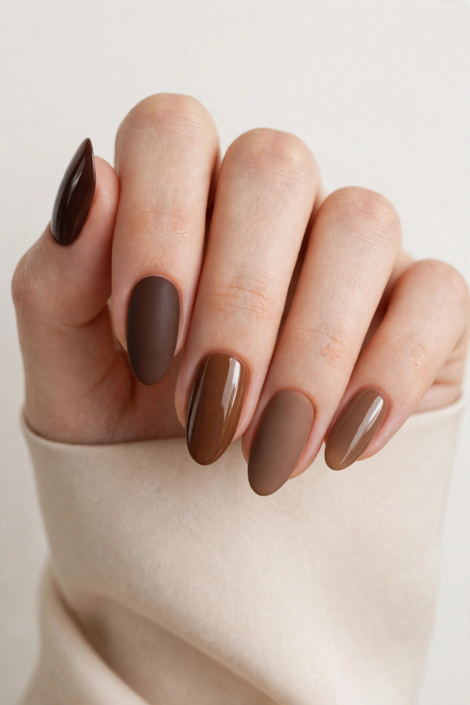 Close-up of a hand with almond-shaped fall inspiration nails featuring alternating glossy and matte shades of chocolate, mocha, and caramel brown.