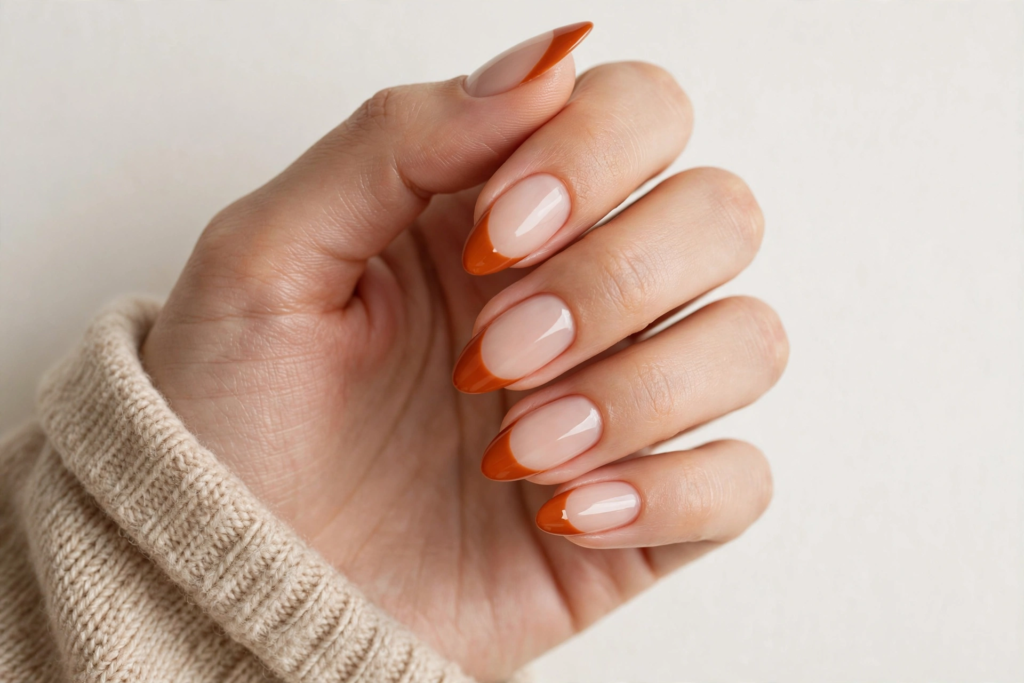 Almond-shaped fall inspiration nails featuring a glossy French manicure with burnt orange pumpkin-spice tips over a sheer nude base.