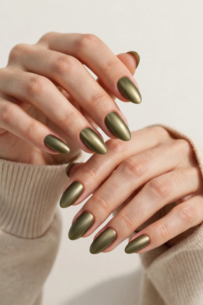 Elegant oval almond fall inspiration nails painted in a metallic shimmer olive and moss green shade.