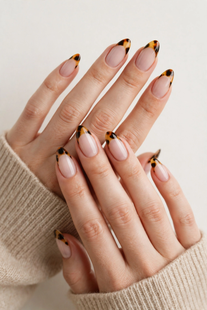 Chic almond-shaped fall inspiration nails featuring a glossy French manicure with amber and black tortoiseshell tips over a sheer nude base.   