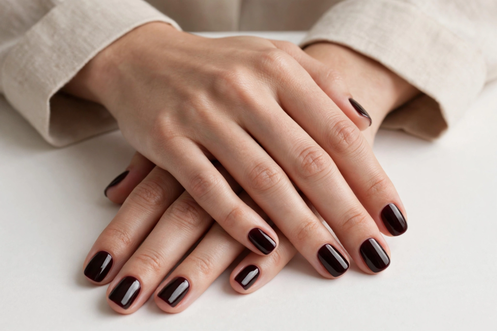 Short squoval fall inspiration nails painted in a glossy, dark black-cherry and deep espresso polish.   