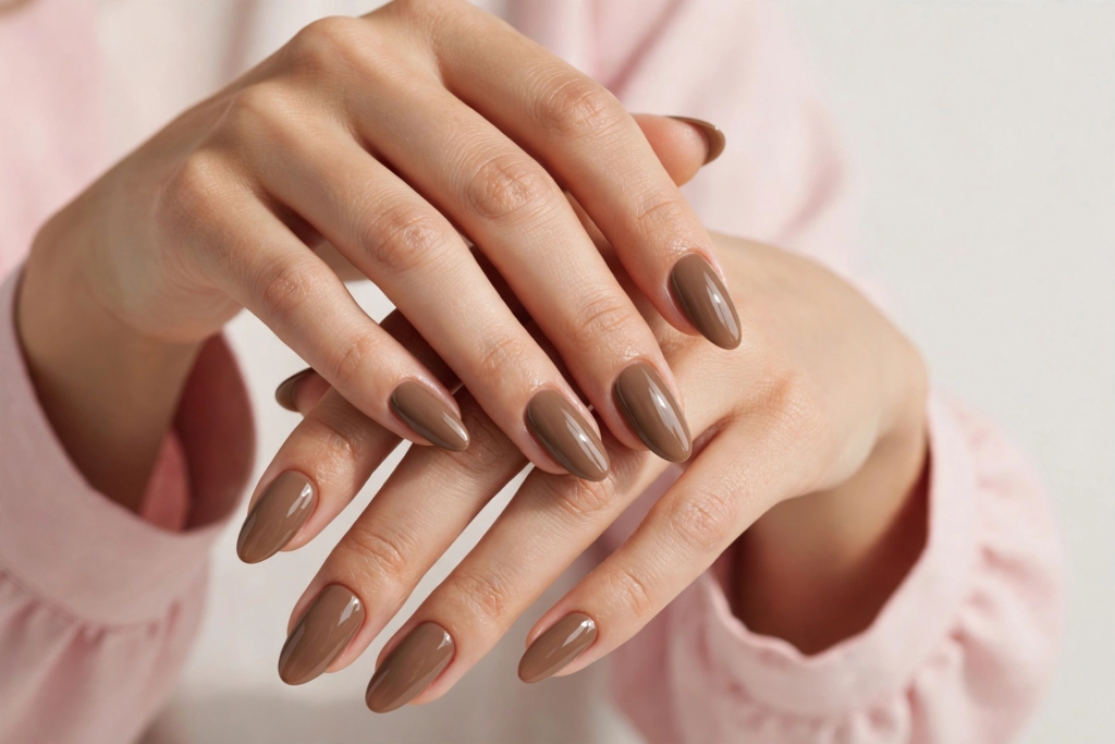Chic almond-shaped fall inspiration nails painted in a glossy, warm neutral mocha-taupe shade.   
