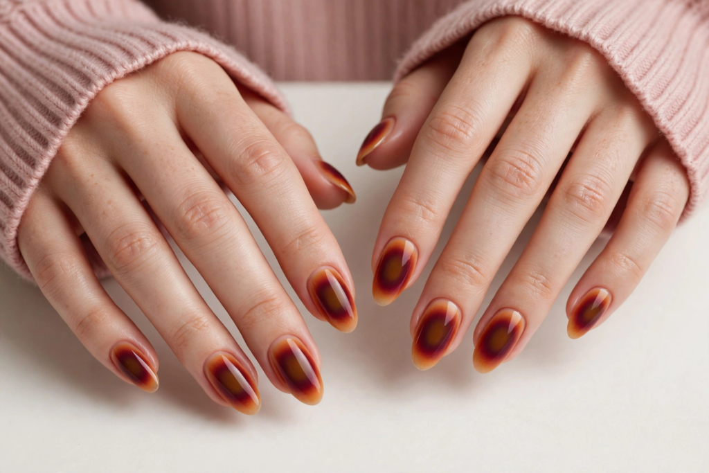 Trendy almond fall inspiration nails featuring a glossy tortoiseshell aura gradient with warm amber, deep burgundy, and espresso brown tones.   