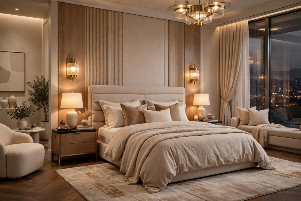 Luxurious bedroom design ideas featuring fluted wood accent wall panels, warm ambient sconces, a modern chandelier, and an upholstered platform bed with layered beige linens.   