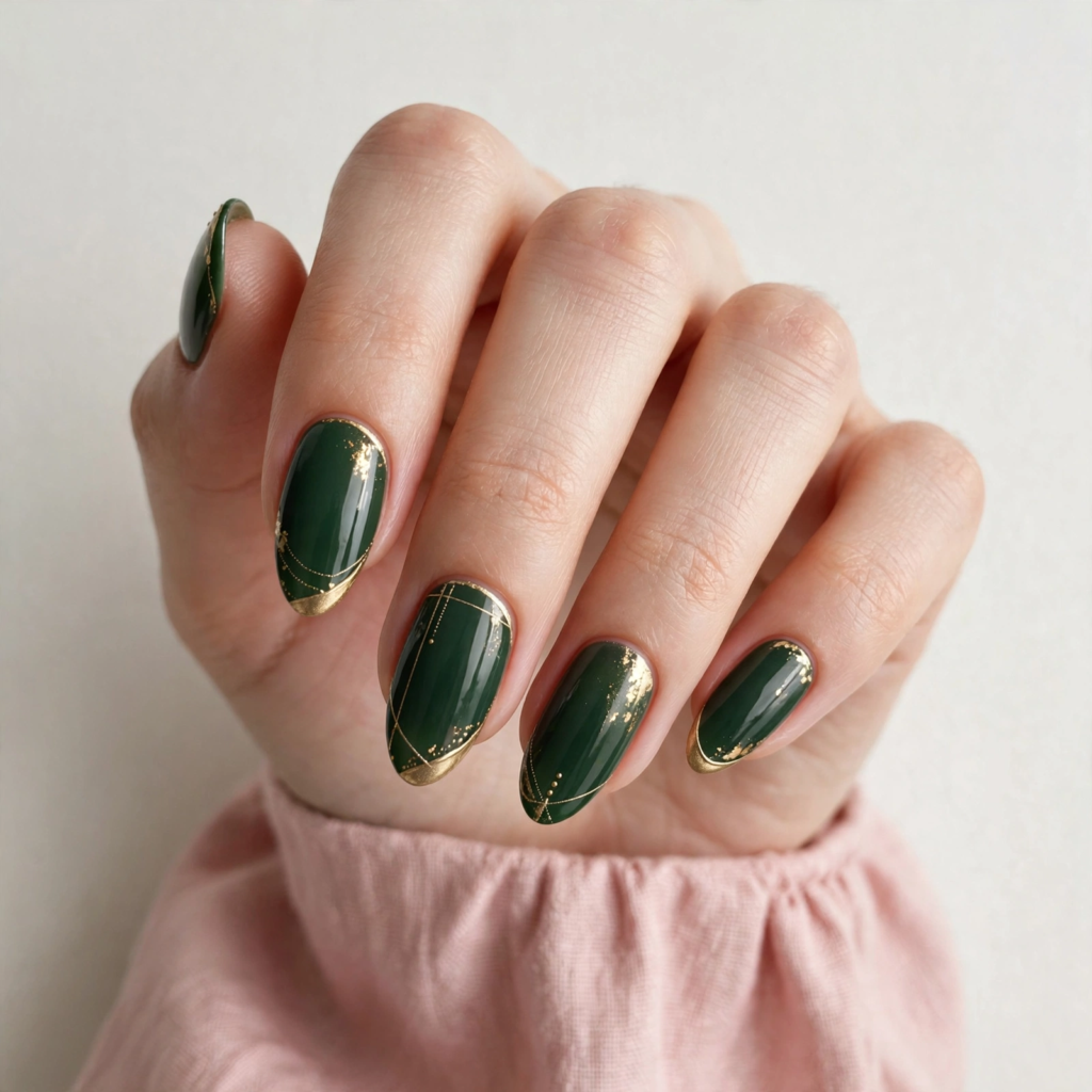 Elegant almond-shaped fall inspiration nails featuring deep emerald forest green polish with delicate gold foil flakes and fine geometric line accents.   