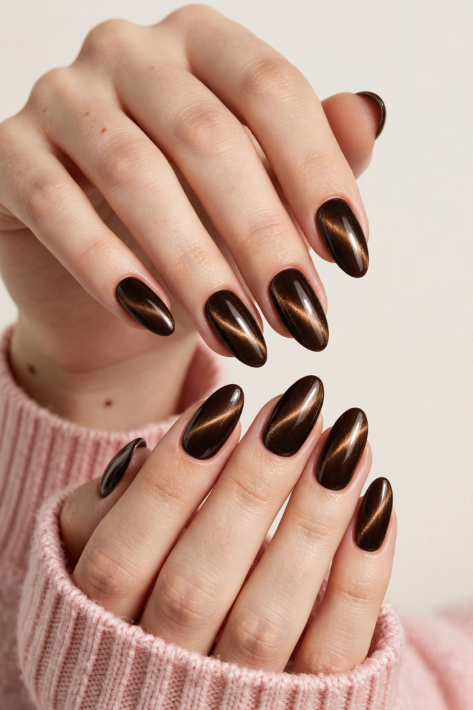 Almond-shaped fall inspiration nails featuring a glossy deep espresso brown velvet cat-eye magnetic manicure.   