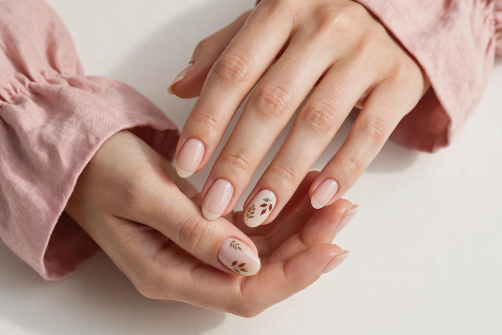 Minimalist oval fall inspiration nails featuring a sheer milky nude manicure with delicate autumn leaf branch accents.   