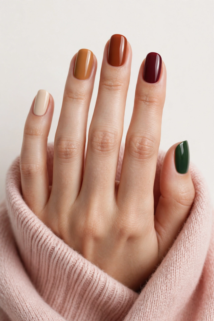 Rounded oval fall inspiration nails featuring a glossy skittle manicure in cream, mustard yellow, terracotta brown, deep burgundy, and forest green.   