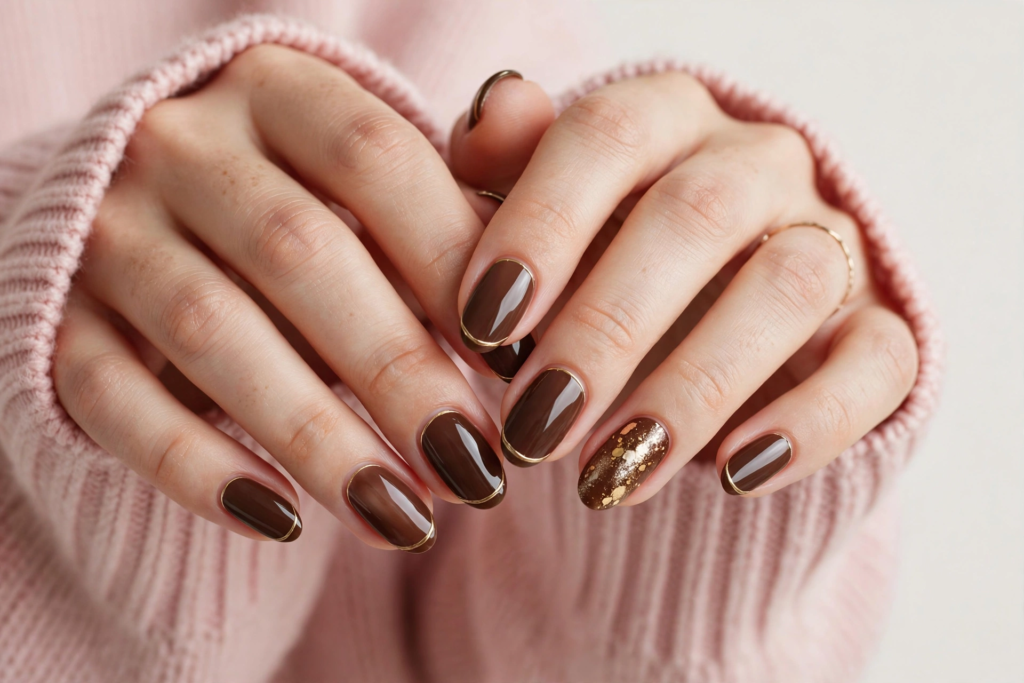 Oval-shaped fall inspiration nails featuring glossy chocolate brown polish accented with metallic gold French cuff lines and a sparkling gold glitter accent nail.   