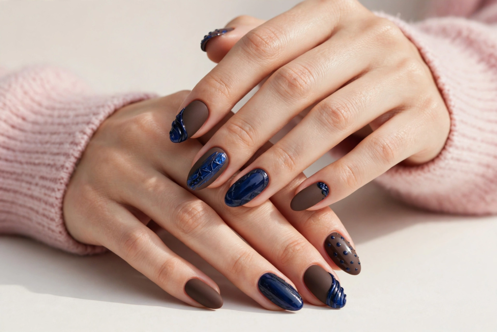 Elegant almond-shaped fall inspiration nails featuring a contrast of matte brown polish and glossy deep navy blue nail art with raised 3D textures.   