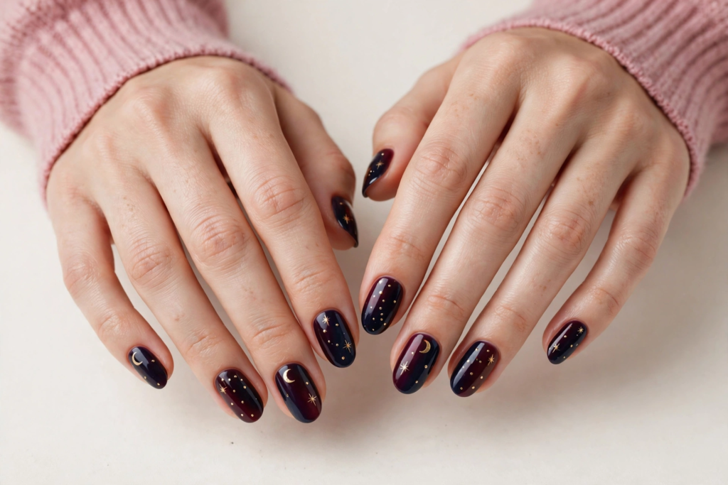 Oval-shaped fall inspiration nails featuring a glossy deep midnight plum polish detailed with gold celestial stars and crescent moons.   