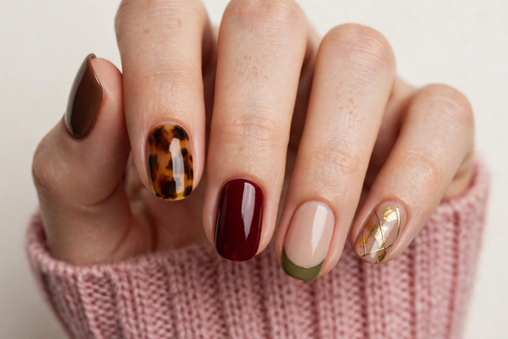 Short oval-almond fall inspiration nails featuring mix-and-match autumn nail art with tortoiseshell, glossy deep burgundy, olive green French tips, and gold foil accents.   
