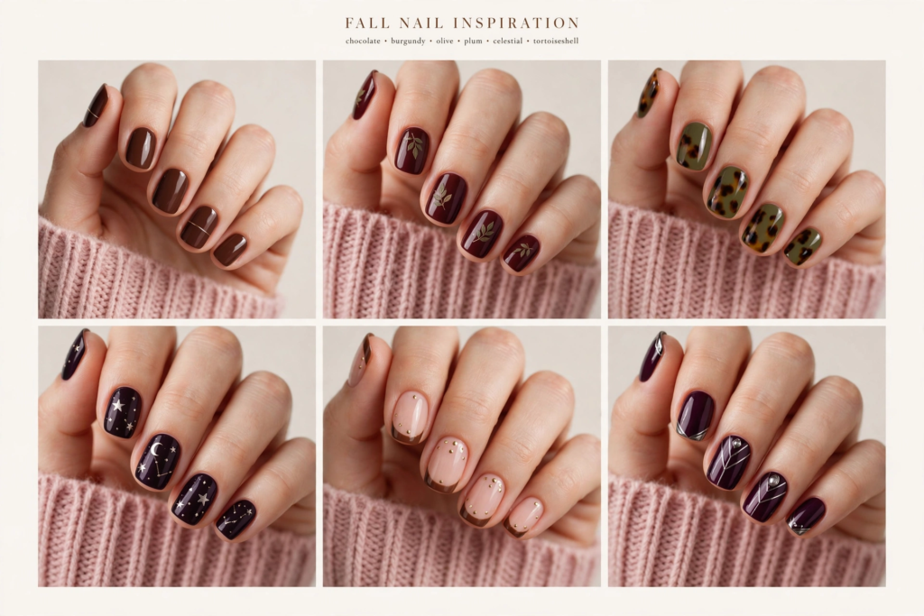 Collage of 6 fall inspiration nails designs featuring chocolate brown with gold cuffs, burgundy botanicals, olive green tortoiseshell, celestial stars, brown French tips, and plum geometric line art.   