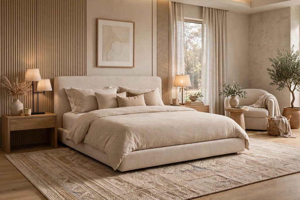 Japandi-style bedroom design ideas featuring a low-profile cream upholstered platform bed, vertical slatted wood wall panels, neutral linen bedding, and an indoor potted olive tree.   