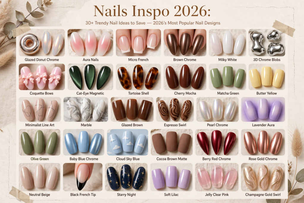 Nails Inspo 2026: 30+ Trendy Nail Ideas to Save Nails inspo 2026 trend board showcasing 24 popular nail art designs including glazed donut chrome, cat-eye magnetic, espresso swirl, and micro French tips.