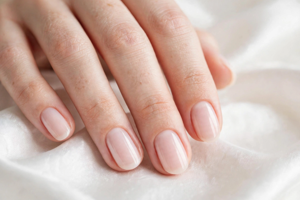 Nails Inspo 2026: 30+ Trendy Nail Ideas to Save Nails inspo 2026 featuring a clean girl aesthetic with short, neat oval nails coated in glossy sheer milky pink polish.