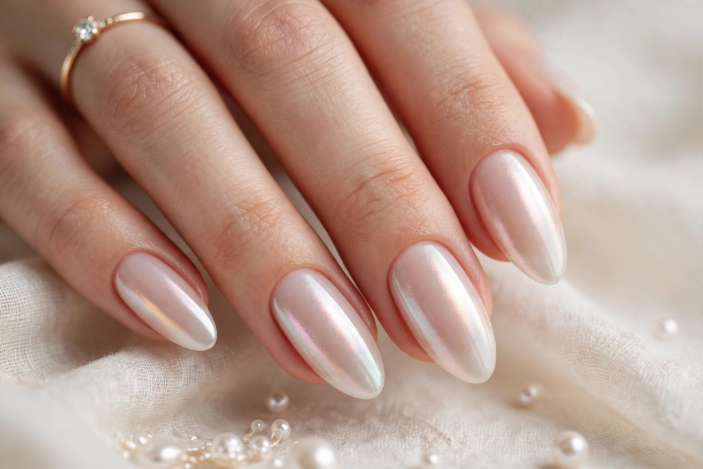 Nails Inspo 2026: 30+ Trendy Nail Ideas to Save Nails inspo 2026 showcasing elegant almond-shaped glazed donut nails with an iridescent pearlescent chrome finish.
