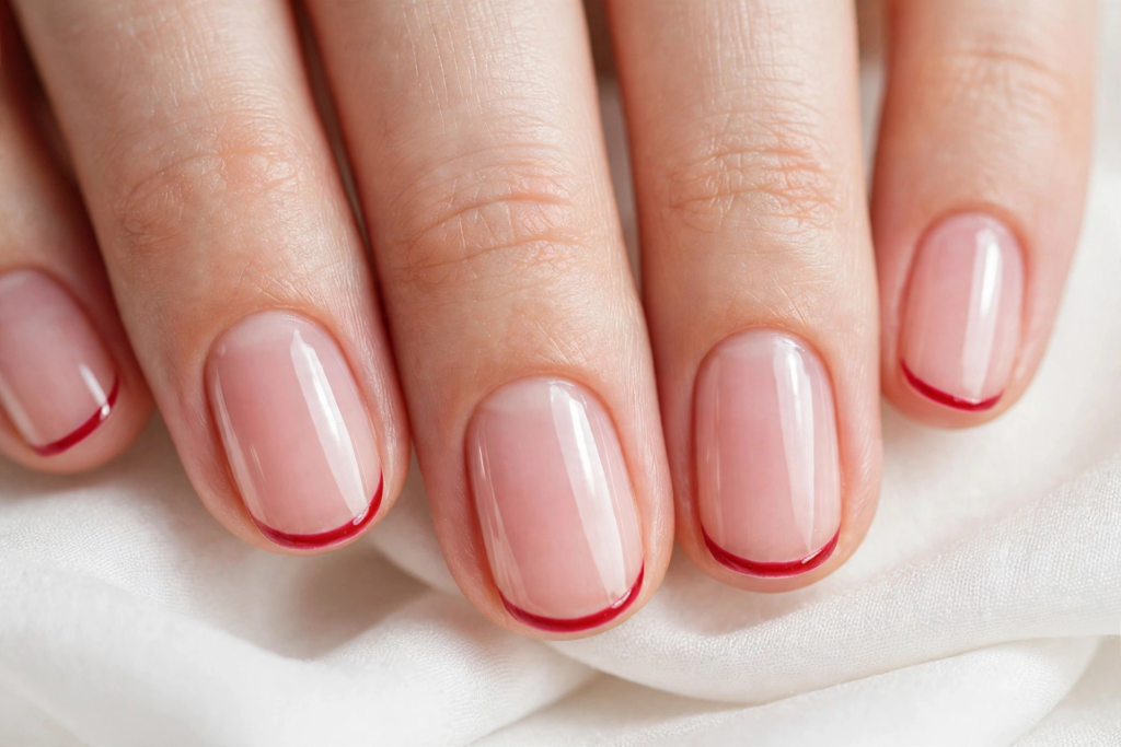 Nails Inspo 2026: 30+ Trendy Nail Ideas to Save Nails inspo 2026 showcasing a minimalist micro French manicure with ultra-thin red tips on natural glossy nude nails.