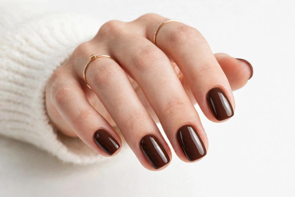 Nails Inspo 2026: 30+ Trendy Nail Ideas to Save Nails inspo 2026 showcasing glossy rich chocolate brown gel polish on neat squoval-shaped nails.