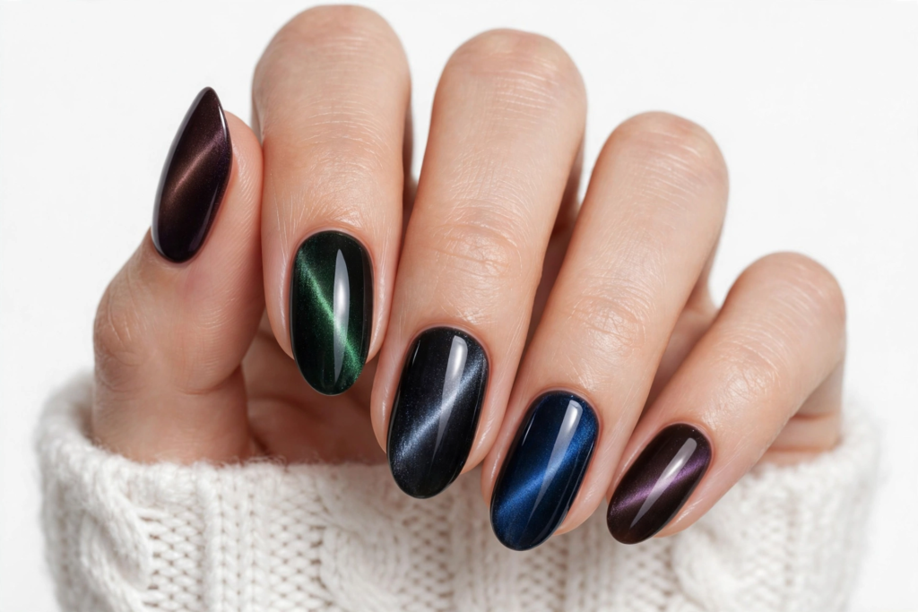 Nails Inspo 2026: 30+ Trendy Nail Ideas to Save Nails inspo 2026 showcasing a moody multicolor cat-eye magnetic manicure with velvet shimmer effects on almond nails.