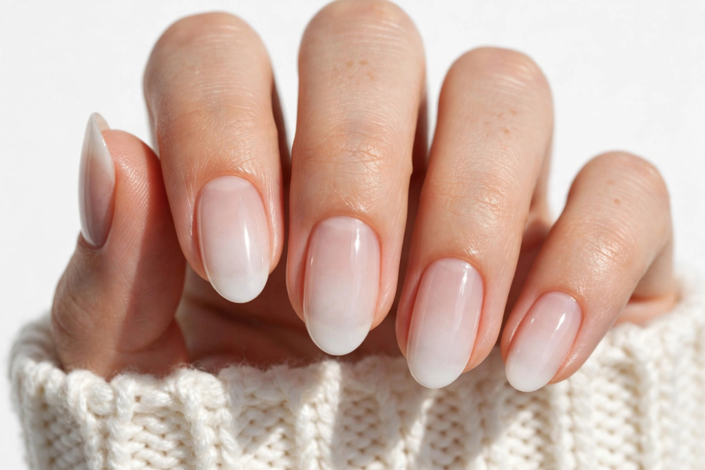 Nails Inspo 2026: 30+ Trendy Nail Ideas to Save Nails inspo 2026 showcasing a soft French ombre baby boomer manicure with glossy nude-to-milky-white gradient nails.