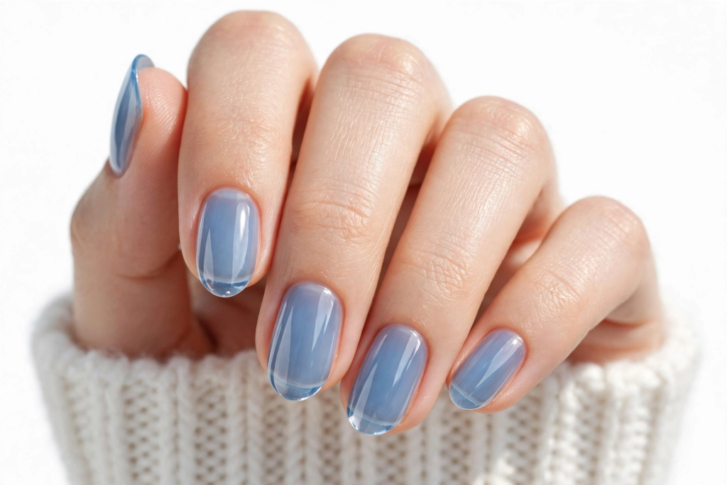 Nails Inspo 2026: 30+ Trendy Nail Ideas to Save Nails inspo 2026 showcasing sheer glossy periwinkle blue jelly polish on neatly shaped oval nails.