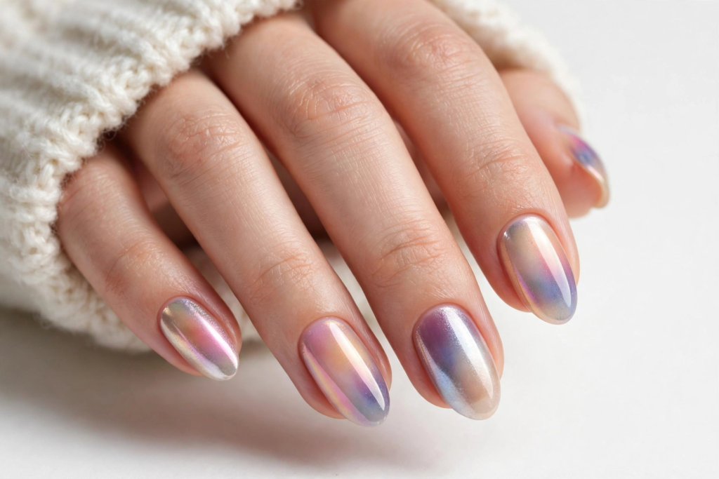 Nails Inspo 2026: 30+ Trendy Nail Ideas to Save Nails inspo 2026 showcasing dreamy lavender aura nails with a glossy iridescent chrome mirror sheen.
