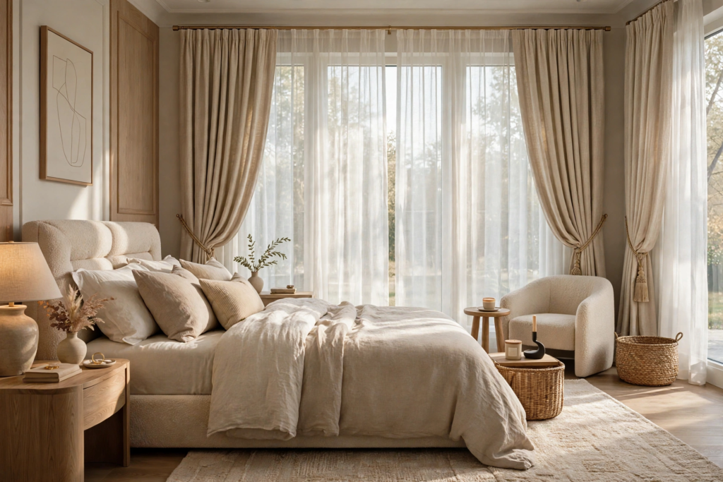 Sunlit neutral bedroom design ideas showcasing an upholstered bed with relaxed linen bedding, elegant floor-to-ceiling draped curtains, and a cozy reading corner with a boucle armchair.   