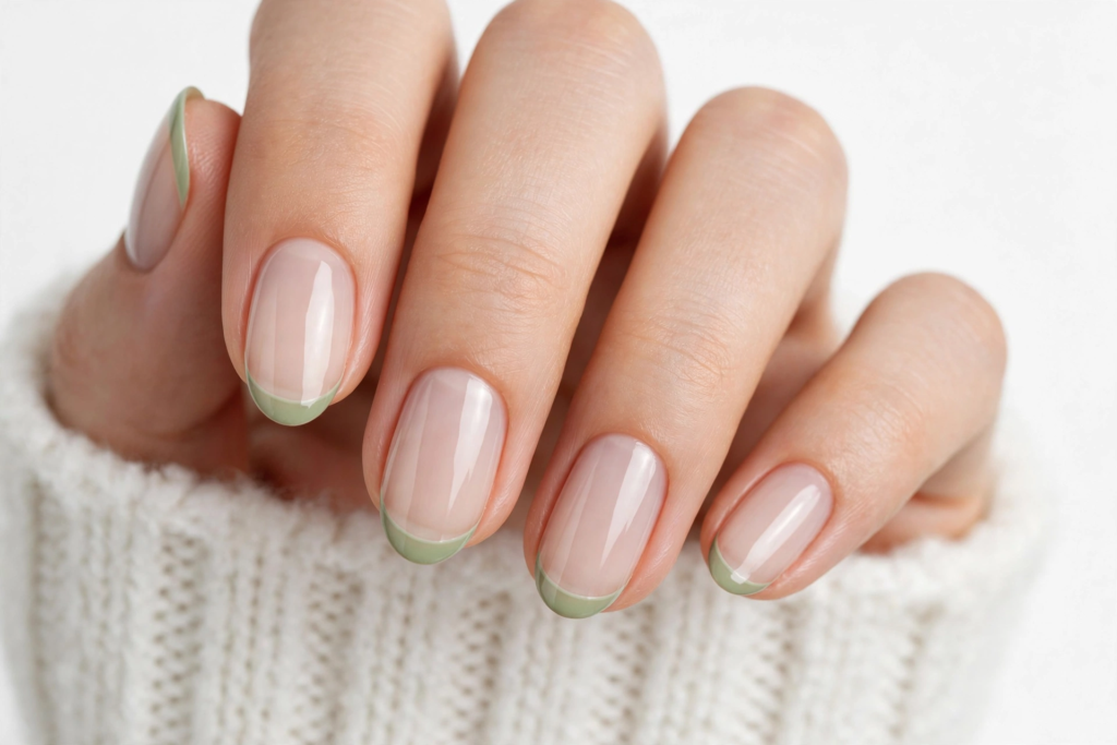 Nails Inspo 2026: 30+ Trendy Nail Ideas to Save Nails inspo 2026 highlighting a chic sage green micro French tip manicure on glossy natural oval nails.