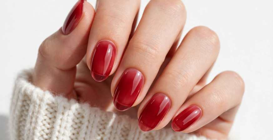 Nails inspo 2026 showcasing glossy sheer cranberry red jelly polish on rounded oval nails.