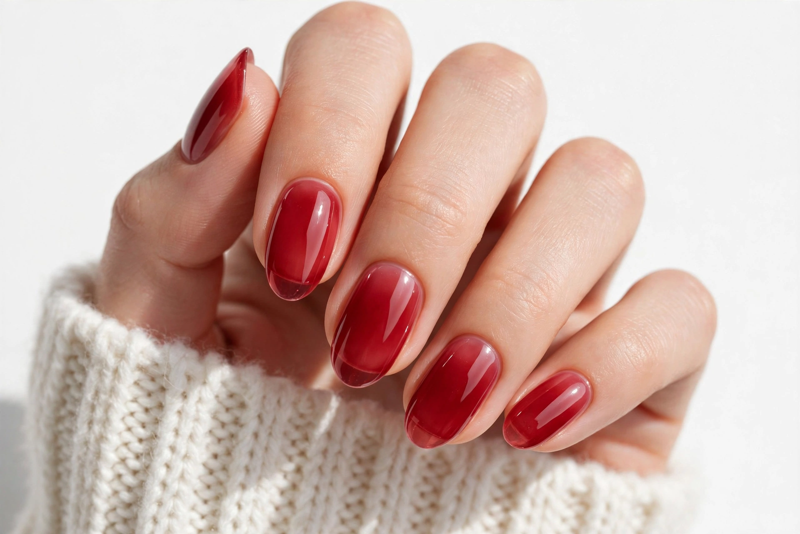 Nails inspo 2026 showcasing glossy sheer cranberry red jelly polish on rounded oval nails.