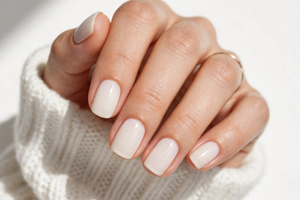 Nails Inspo 2026: 30+ Trendy Nail Ideas to Save Nails inspo 2026 showcasing a clean, minimalist milky white gel manicure on neat squoval-shaped nails.