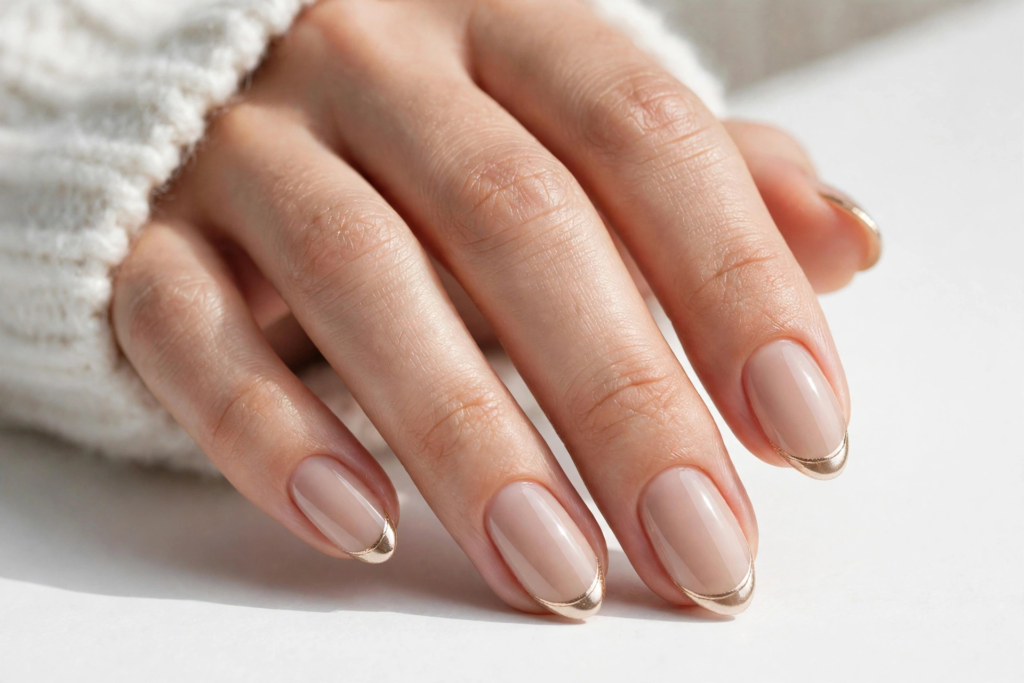 Nails Inspo 2026: 30+ Trendy Nail Ideas to Save Nails inspo 2026 showcasing a chic micro French manicure with metallic gold chrome tips on glossy nude oval nails.