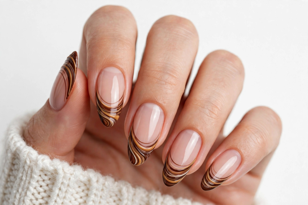 Nails Inspo 2026: 30+ Trendy Nail Ideas to Save Nails inspo 2026 showcasing espresso swirl French tips with caramel marble line art on glossy almond nails.