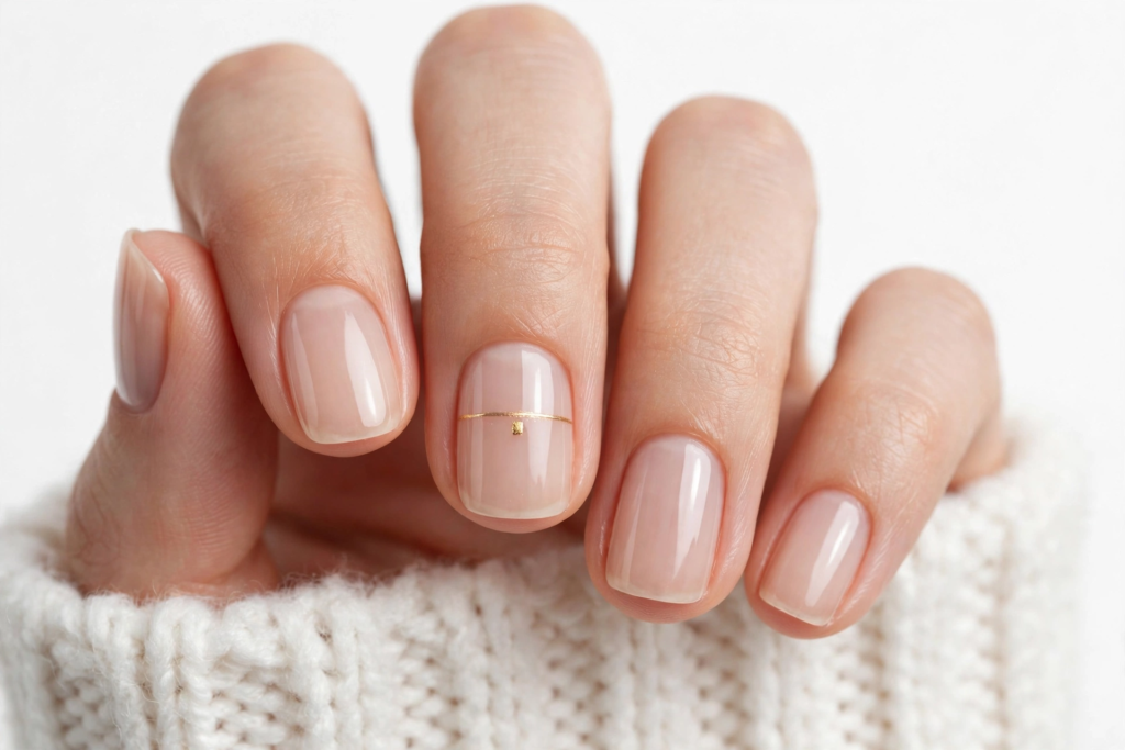 Nails Inspo 2026: 30+ Trendy Nail Ideas to Save Nails inspo 2026 showcasing a minimalist nude manicure on short squoval nails with a dainty gold wire accent and stud detail.