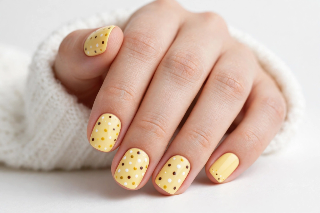 Nails Inspo 2026: 30+ Trendy Nail Ideas to Save Nails inspo 2026 showcasing pastel butter yellow nails with cute white, gold, and brown polka dot nail art on short squoval nails.