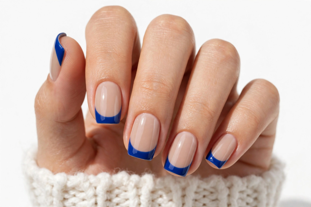 Nails Inspo 2026: 30+ Trendy Nail Ideas to Save Nails inspo 2026 showcasing a bold cobalt blue French tip manicure on glossy nude squoval-shaped nails.