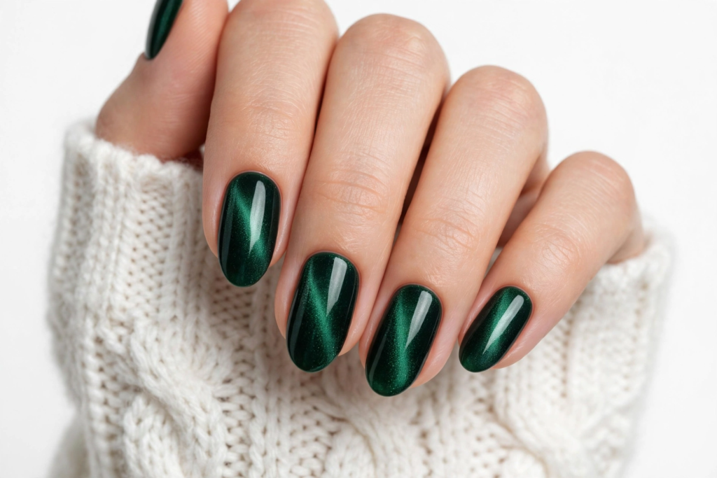 Nails Inspo 2026: 30+ Trendy Nail Ideas to Save Nails inspo 2026 showcasing emerald green cat-eye magnetic polish with a luminous velvet sheen on almond-shaped nails.