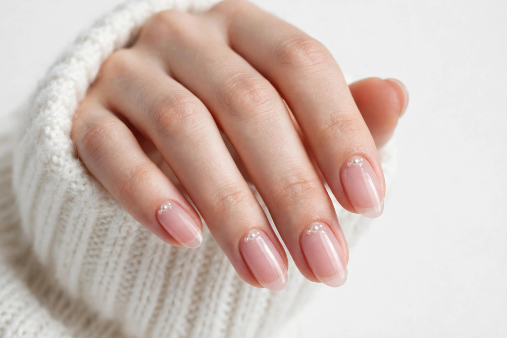 Nails Inspo 2026: 30+ Trendy Nail Ideas to Save Nails inspo 2026 showcasing a sheer milky pink manicure on oval nails adorned with delicate pearl cuticle accents.
